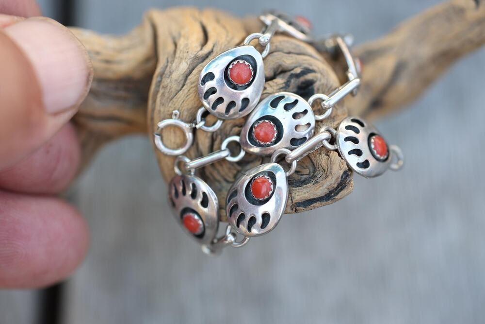Bear Paw Bracelet, Navajo Sterling Silver Coral, Shadowbox, Vintage Southwest